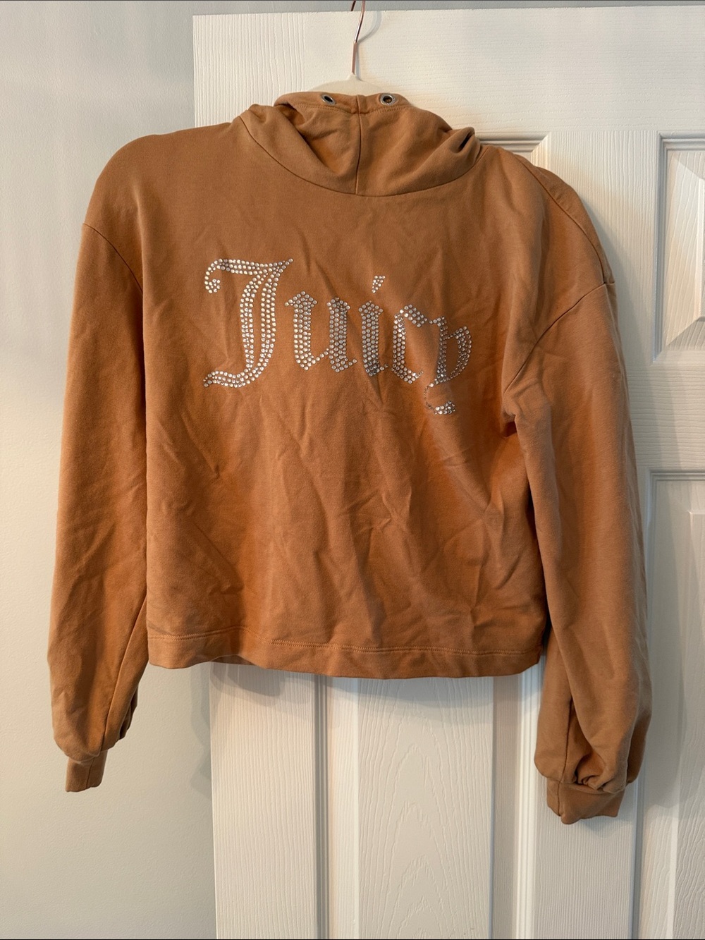 Juicy Couture Cropped Rhinestone Logo Hoodie - Tan